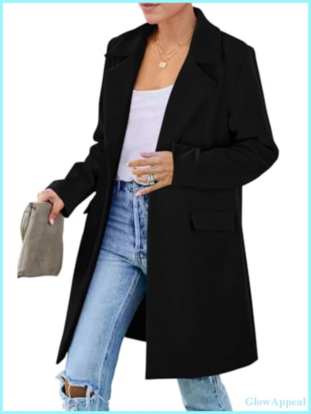 Business Casual Long Blazer Jacket Padded Shoulder Notch Lapel